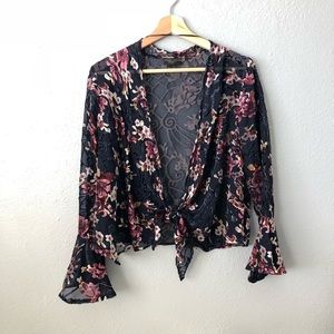 Dress Forum Floral Velvet Ruffle Sleeves Tie Top